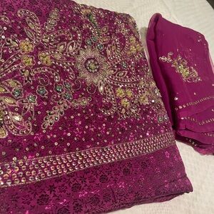 Unstitched Embellished Magenta Fabric with Floral Design Suit